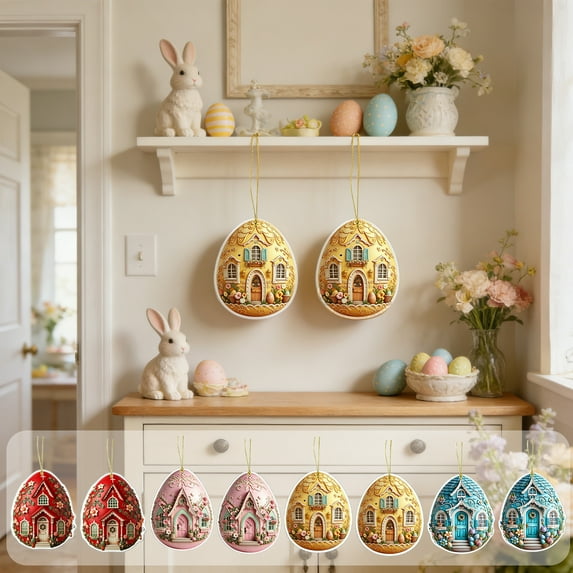 Tyidzon Easter Egg Ornaments, 2 Pcs 3.1" Flat Acrylic Hanging Easter Eggs with Pattern, Hanging Tags for Gifts Easter Tree Door Window Spring Decor