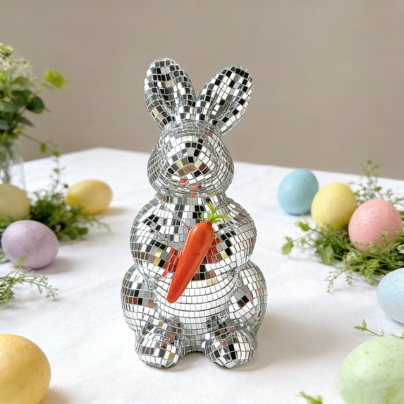 Tyidzon Easter Mosaic Mirrored Bunny Figurine Silver Foam Rabbit Tabletop Decoration for Home Holiday Decor Ornament