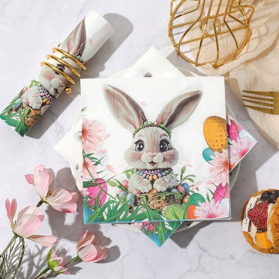Tyidzon Easter Napkins 20 Pack, 6.4x6.4" Paper Cocktail Napkins with Bunny Eggs Pattern, 3-Ply Disposable Luncheon Napkins for Spring Party Holiday Table Decor