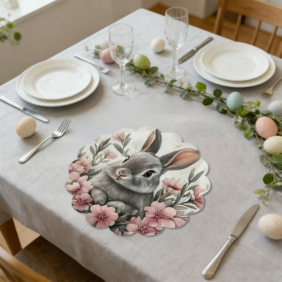 Tyidzon Easter Placemat, 15 Inch Round Linen Placemat with Bunny Eggs Print, Irregular Edge Table Mat for Holiday Spring Dining Table Decor