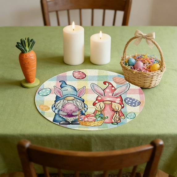 Tyidzon Easter Placemat, 15 Inch Round Linen Placemat with Bunny Pattern, Heat Resistant Washable Table Mat for Dining Table Kitchen Home Decor