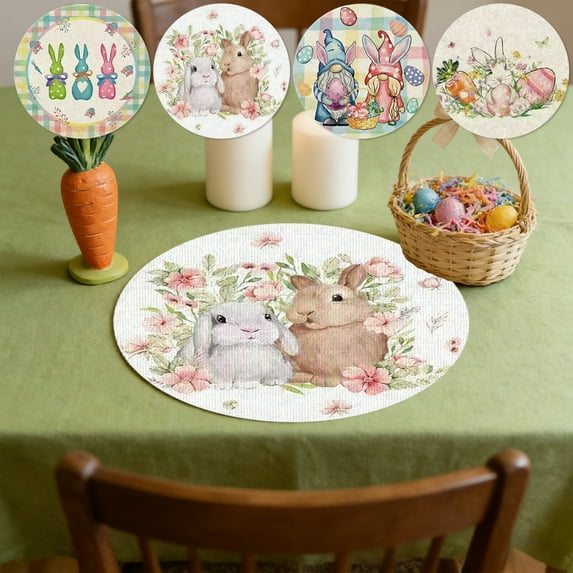 Tyidzon Easter Placemat, 15 Inch Round Linen Placemat with Bunny Pattern, Heat Resistant Washable Table Mat for Dining Table Kitchen Home Decor