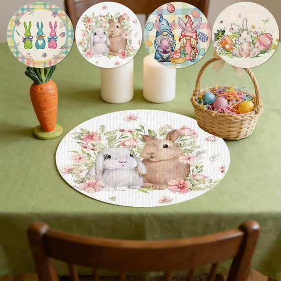 Tyidzon Easter Placemat, 15 Inch Round Linen Placemat with Bunny Pattern, Heat Resistant Washable Table Mat for Dining Table Kitchen Home Decor