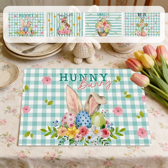 Tyidzon Easter Placemats, 18x12 Inch Linen Bunny Eggs Table Mats, Insulated Washable Placemats for Dining Table Spring Easter Home Decor