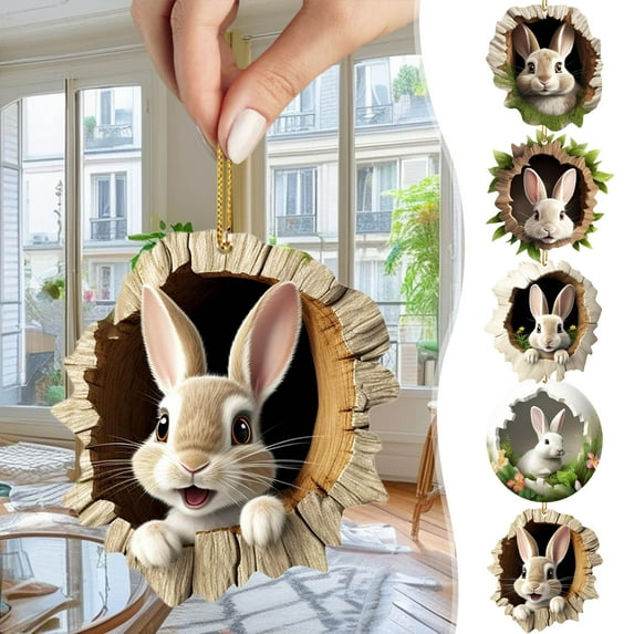 Tyidzon Easter Tree Ornaments - 3.1 Inch Acrylic Bunny in Tree Hole Hanging Decoration for Easter Decor Home Car Rearview Mirror Gifts