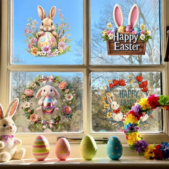 Tyidzon Easter Window Clings, 12" Double Sided Bunny Eggs Butterfly Electrostatic Stickers, Reusable Window Decals for Glass Home Spring Holiday Decor