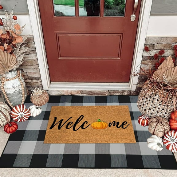 Tyidzon Fall Door Mat Outside Entrance Black Plaid Outdoor Rug Hand-Woven Check Rug Layered Doormats for Front Door/Front Porch/Farmhouses/Entryway/Patio