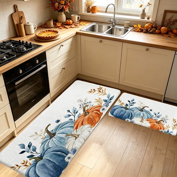 Tyidzon Fall Pumpkin Kitchen Rugs Set of 2, Non-Skid Kitchen Mats for Floor Thanksgiving Harvest Theme Home Decor 16x24in & 16x47in