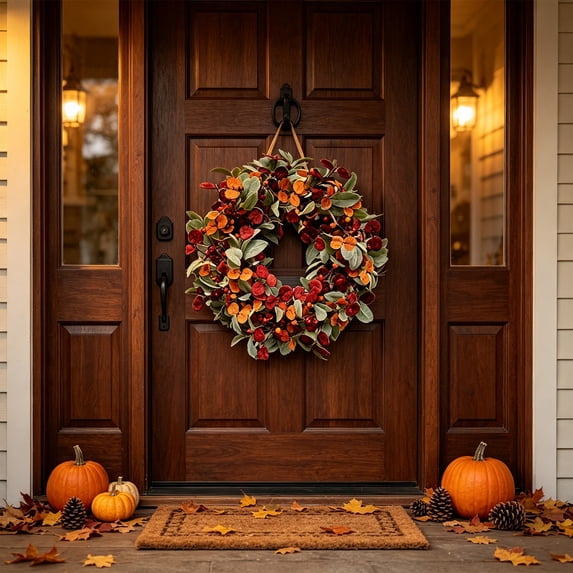 Tyidzon Fall Wreath, Artificial Eucalyptus Leaves Wreath with Berries for Front Door and Thanksgiving Decor, 17.7 in