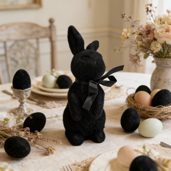 Tyidzon Flocked Bunny Easter Decorations with Bow Ties, Rabbit Figurines for Easter Centerpieces, Spring Home Tabletop Shelf Decor & Seasonal Gift