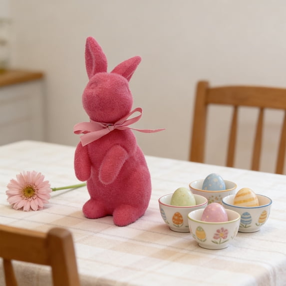 Tyidzon Flocked Bunny Easter Decorations with Bow Ties, Rabbit Figurines for Easter Centerpieces, Spring Home Tabletop Shelf Decor & Seasonal Gift