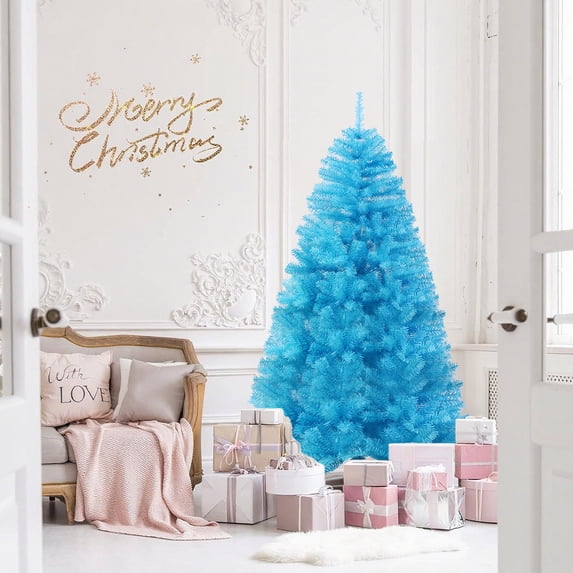 Tyidzon Flocked Christmas Tree, 6ft Hinged Artificial Christmas Tree with Full Branches, All-Blue Needles, Stable Metal Stand Easy Assembly Pine Trees for Home Holiday Party Decoration
