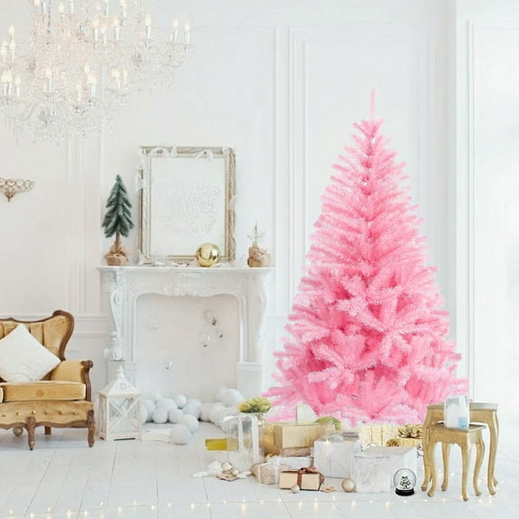 Tyidzon Flocked Christmas Tree, 6ft Hinged Artificial Christmas Tree with Full Branches, All-Pink Needles, Stable Metal Stand Easy Assembly Pine Trees for Home Holiday Party Decoration