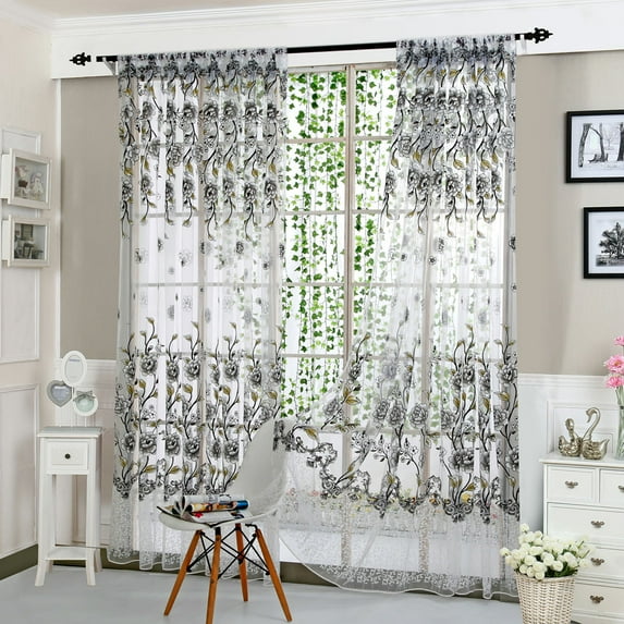 Tyidzon Floral Sheer Curtains Peony Flower Clear Curtains for Bedroom Living Room Kitchen Window Gray Curtain Drape Rod Pocket 1 Panel 37 Inch Wide 77 Inch Long