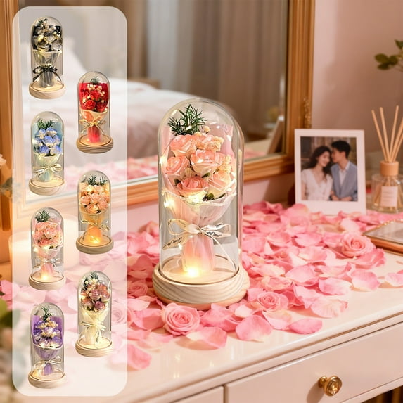 Tyidzon Glass Rose, Forever Flowers Bouquet with Lights Gifts for Women Preserved Flowers for Valentine's Day Mother's Day Anniversary Birthday Gifts for Women Girlfriend Wife