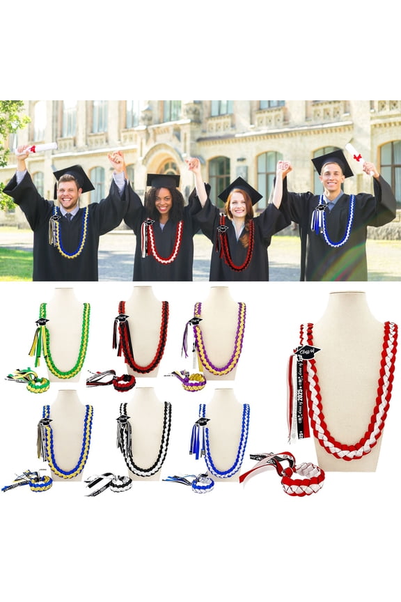 Graduation Ribbon Leis, Wristbands Set 2025 - Black, White, Nylon Woven Ribbons - Embroidered Patches for Graduation Ceremonies & Parties