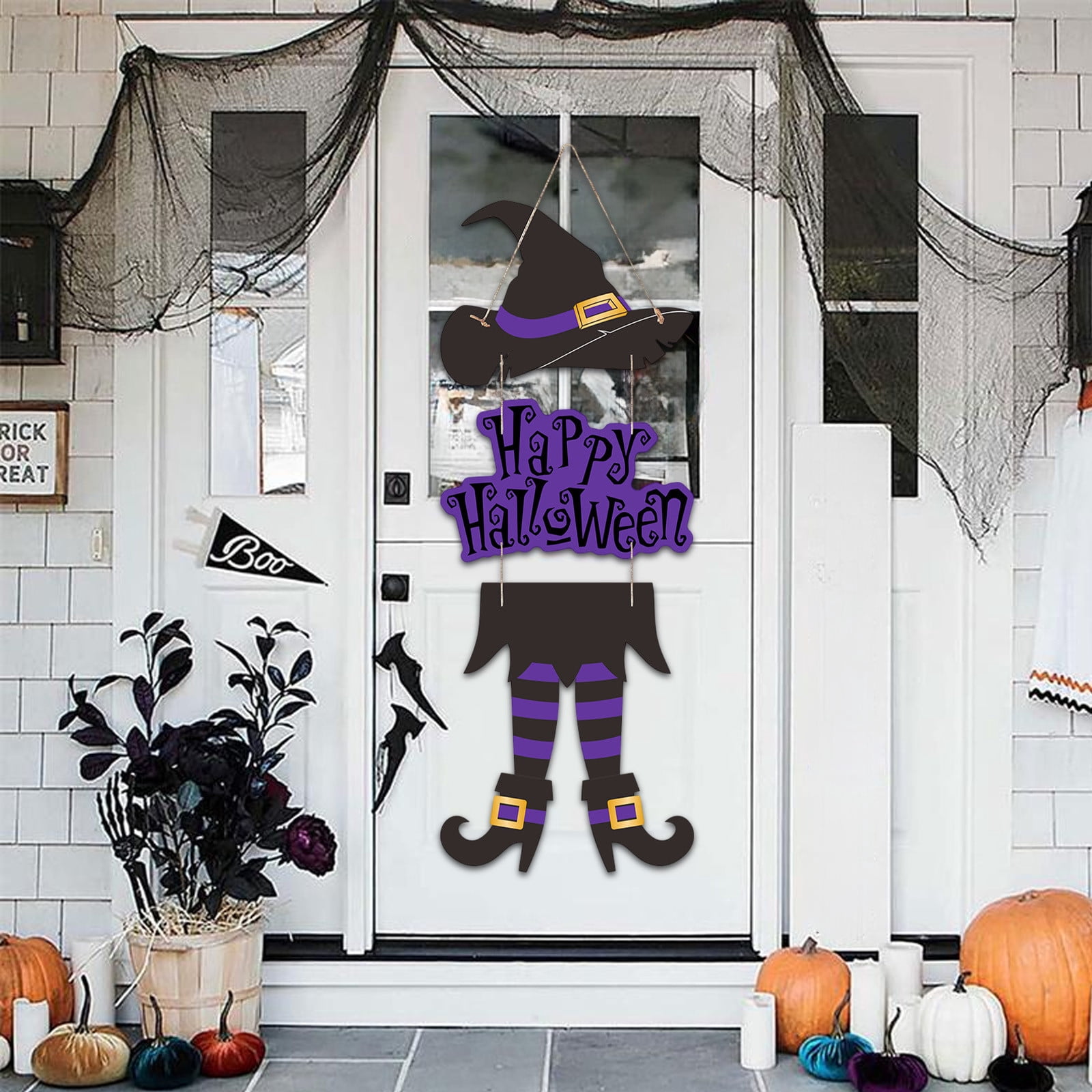 Tyidzon Halloween Happy Sign Decoration Witch Legs Hat Hanging Wooden ...