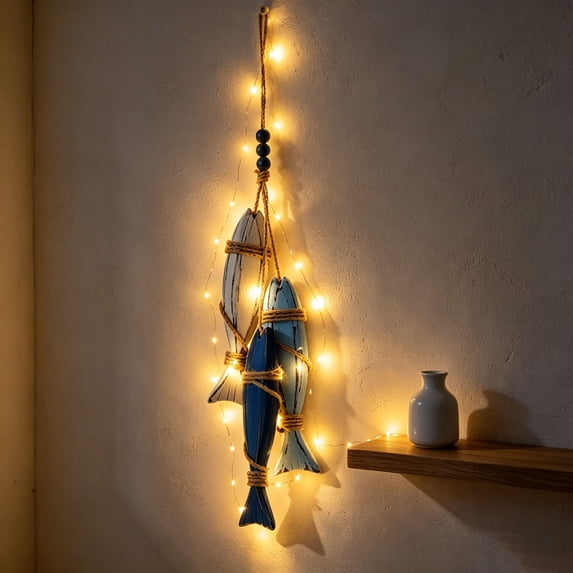 Tyidzon Hanging Fish Wall Decor 20.8" Wooden Fish Ornament with LED Lights, Distressed Nautical Hanging for Beach House Bathroom