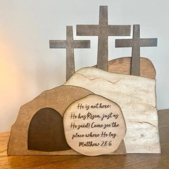 Tyidzon He is Risen Decor - 10 Inch Empty Tomb & Cross Easter Scene, 4-Piece Wooden Resurrection Set for Tabletop & Home Decor