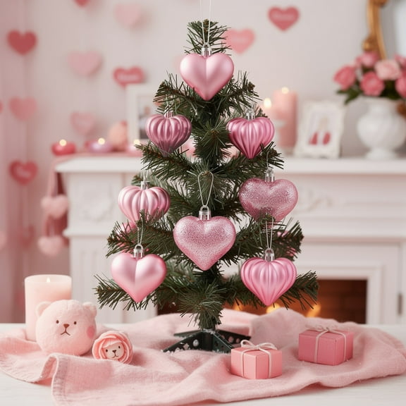 Tyidzon Heart Ornaments Valentines Day Decorations, 12PCS Pink Glitter Heart Shaped Baubles for Valentine's Day Anniversary Wedding Tree Hanging Decor