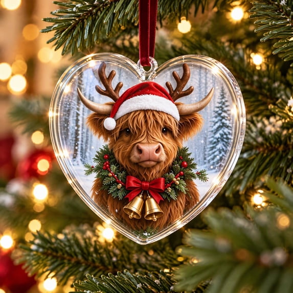 Tyidzon Highland Cow Christmas Ornament, Heart Shape Flat Acrylic Print for Highland Cow Lovers and Tree Decoration, 3.15 in