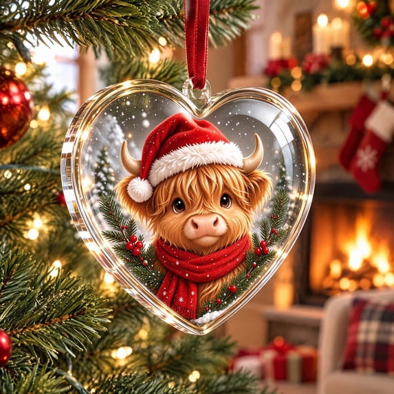 Tyidzon Highland Cow Christmas Ornament, Heart Shape Flat Acrylic Print for Highland Cow Lovers and Tree Decoration, 3.15 in