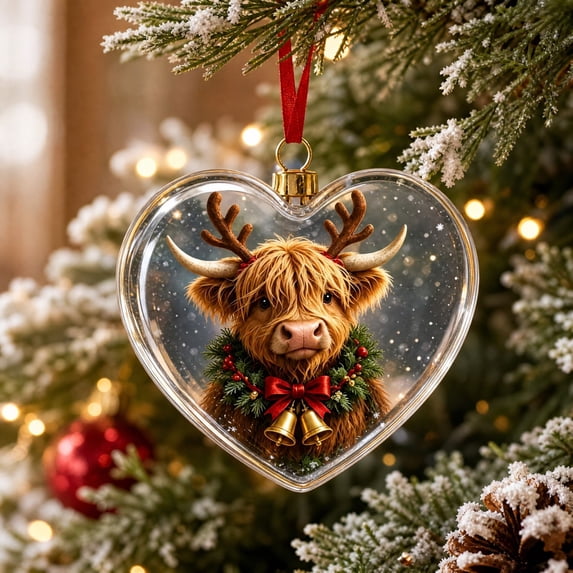 Tyidzon Highland Cow Christmas Ornament, Heart Shape Flat Acrylic Print with Hanging Cord for Highland Cow Lovers and Tree Decoration, 3.15 in