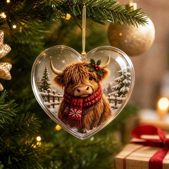 Tyidzon Highland Cow Christmas Ornament, Heart Shape Flat Acrylic Print with Hanging Cord for Highland Cow Lovers and Tree Decoration, 3.15 in