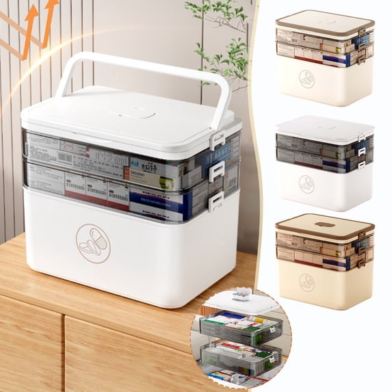 Tyidzon Home First Aid Kit 3-Tier Portable Medicine Pill Organizer with Handle Large Capacity Storage Box Family Emergency Kit Small Pill Box