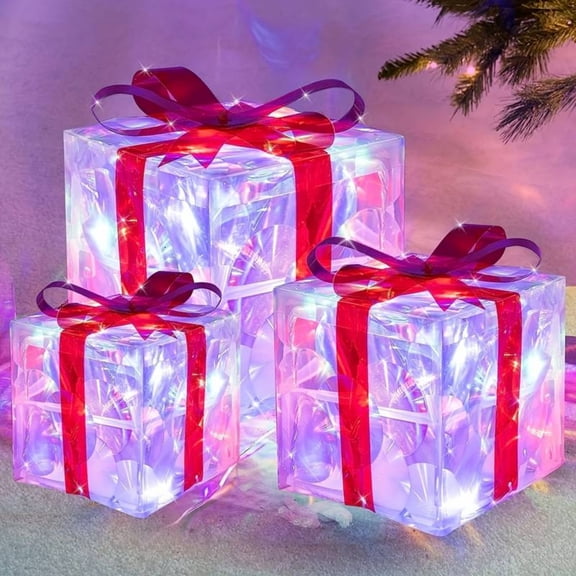 Tyidzon Set of 3 Christmas Lighted Gift Boxes, Pre-lit LED Present Boxes Decoration with Remote Timer Light Up Xmas Tree Skirt Ornaments for Party Holiday Xmas Home Decor