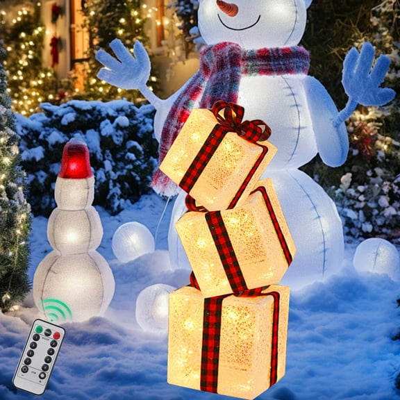 Tyidzon Set of 3 Christmas Lighted Gift Boxes, Pre-lit LED Present Boxes Decoration with Remote Timer Light Up Xmas Tree Skirt Ornaments for Party Holiday Xmas Home Decor