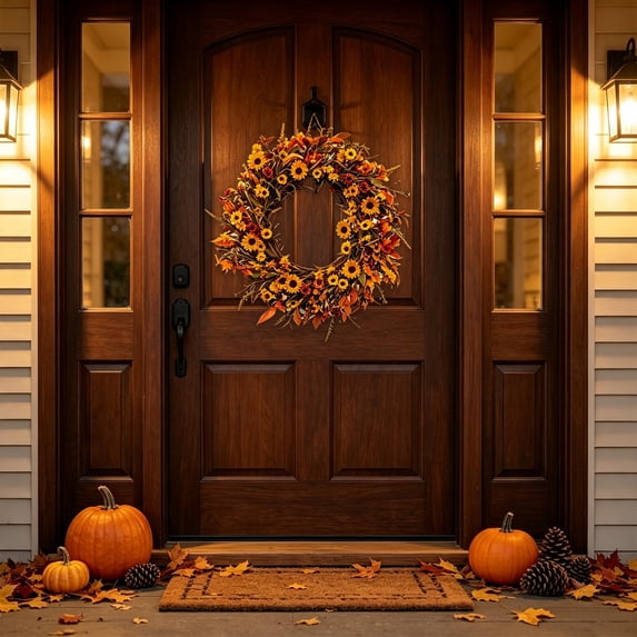 Tyidzon Sunflower Wreath, Artificial Fall Floral Garland with Berries and Leaves for Front Door and Home Decor, 15.8 in