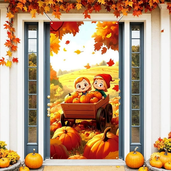 Tyidzon Thanksgiving Door Cover Thanksgiving Decorations Banner for Front Door Backdrop Party Photography Background Holiday Door Cover Outdoor Indoor Winter Home Decor, 71 x 35 Inch