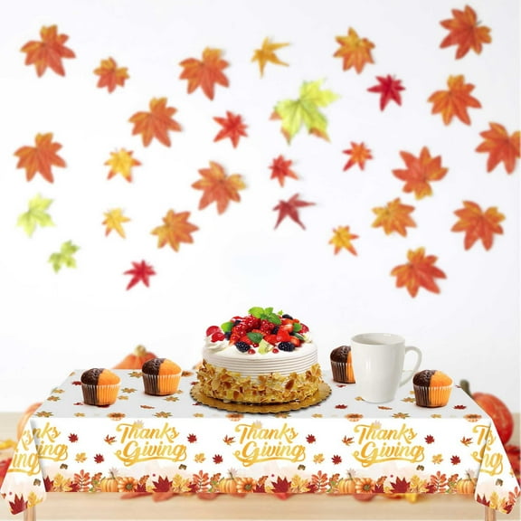 Tyidzon Thanksgiving Table Cloth Rectangle, Autumn Harvest Maple Leaves Pumpkin Tablecloth, Disposable Table Cloth for Party, Dining, Holiday, Orange