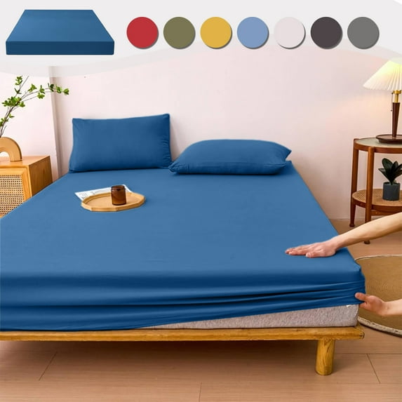 Tyidzon Twin Fitted Sheet Cooling for Hot Sleepers-Luxury Breathable Soft Sheets, Deep Pocket Fitted Sheet Queen with Elastic Corner Straps, Blue