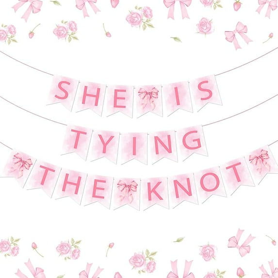 She's Tying the Knot Banner Pink Bow Princess Bachelorette Party Decoration Banner Pink Coquette Bow Banner for Girls Bachelorette Bridal Shower Engagement Wedding Party Supplies