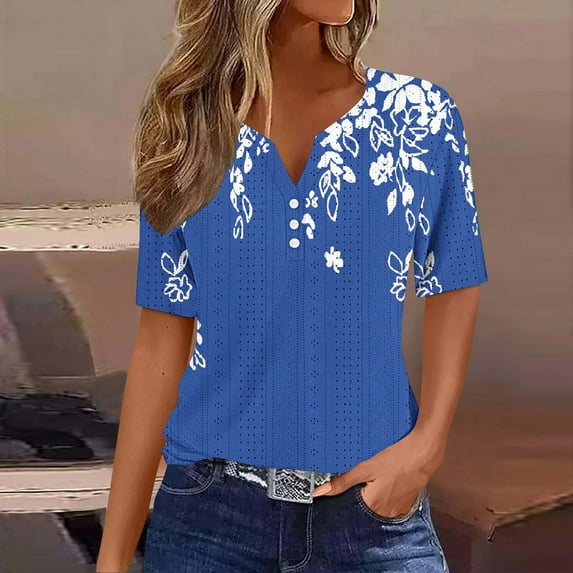 Ayolanni Blue Women Tops Plus Size V-Neck Floral Print Elbow-Length Blouses & Tops Womens Blouse