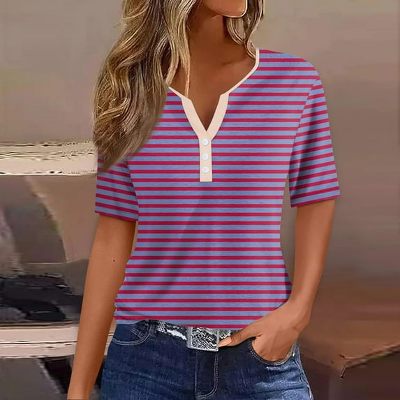 Ayolanni Ladies Tops V-Neck Short Sleeve Striped Pullover T-Shirts Womens Tunics