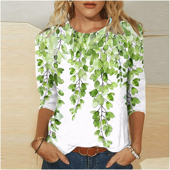 Ayolanni Tops for Women Green Casual Round Neck 3/4 Sleeve Floral Print Pullover T-Shirts Women Shirts
