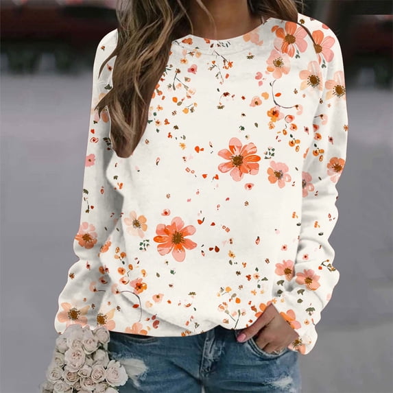 Ayolanni Women Tops Orange Floral Print Long Sleeve Crew Neck Pullover Sweatshirts Women Shirts,S-XXL