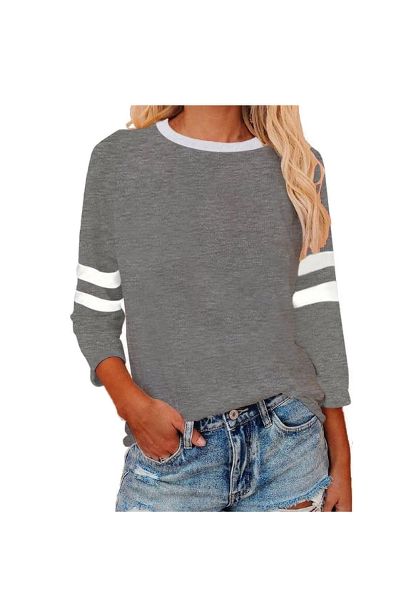Womens Spring Tops Round Neck Pullover 3/4 Sleeve Solid T-Shirts Ladies T Shirts