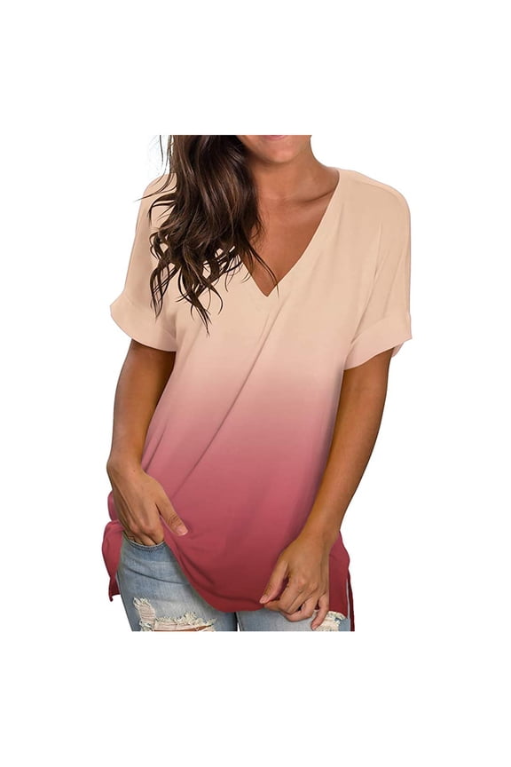 Womens Spring Tops V-Neck Pullover Ombre Short Sleeve T-Shirts Women Tee Shirts