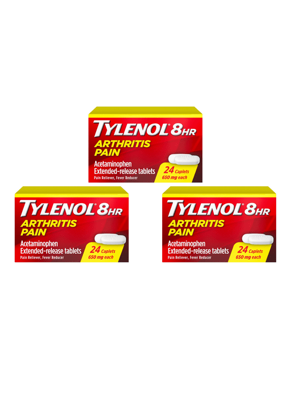 Tylenol 8 HR Arthritis Pain Acetaminophen Caplets, 650 mg, 24 Ct, 3 Pack Extended Relief for Joint Pain