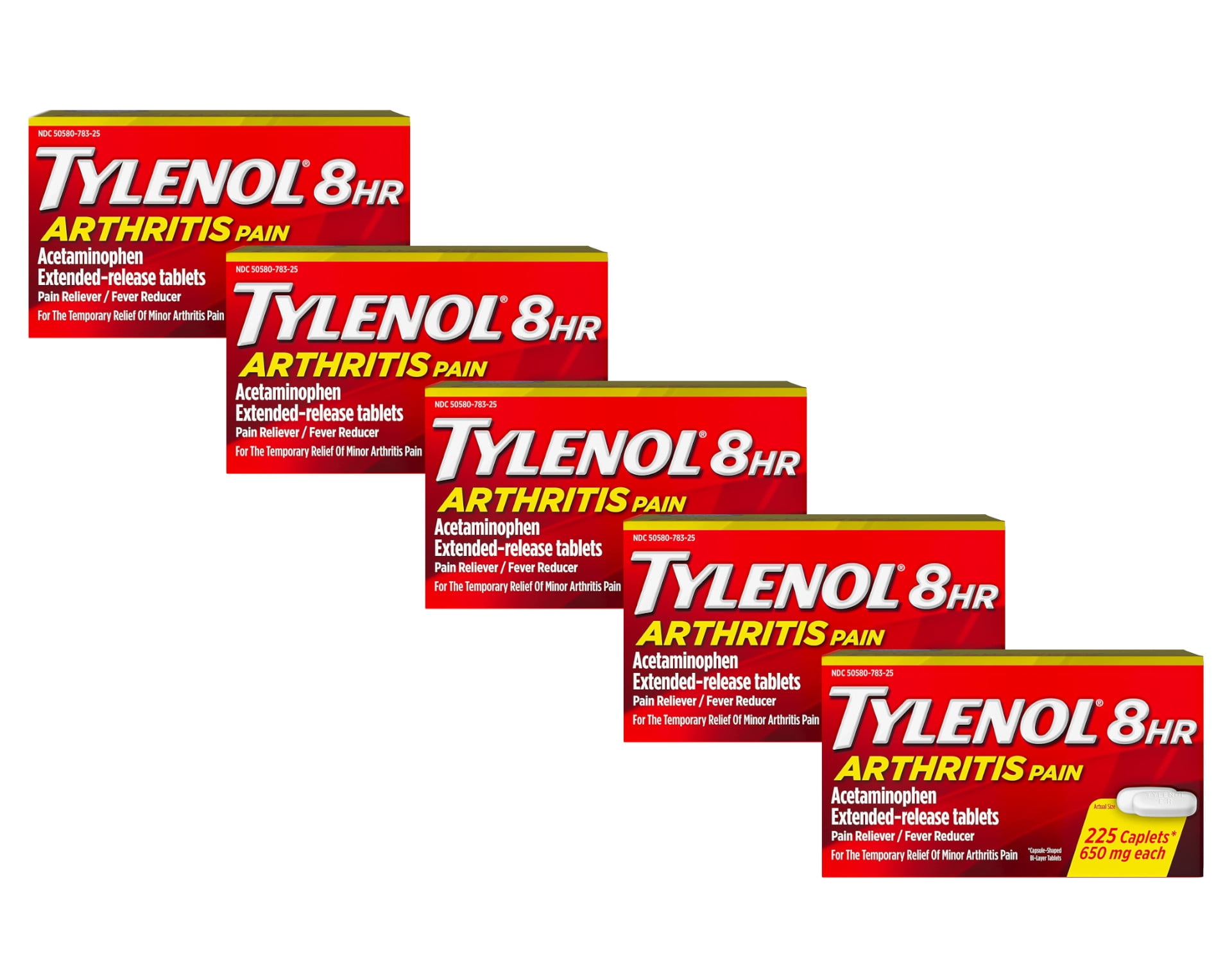 Tylenol 8 HR Arthritis Pain Reliever Acetaminophen 650mg Each, 225 Caplets - Pack of 5