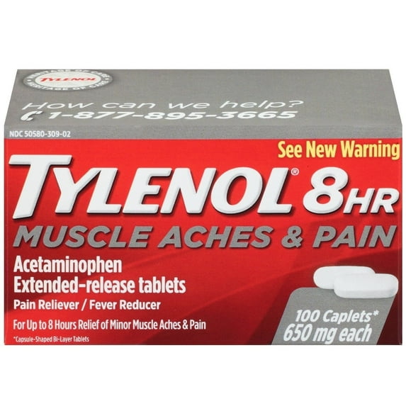 Tylenol 8 Hour Muscle Aches and Pain Caplets, 100 Count Per Bottle (4 Bottles)