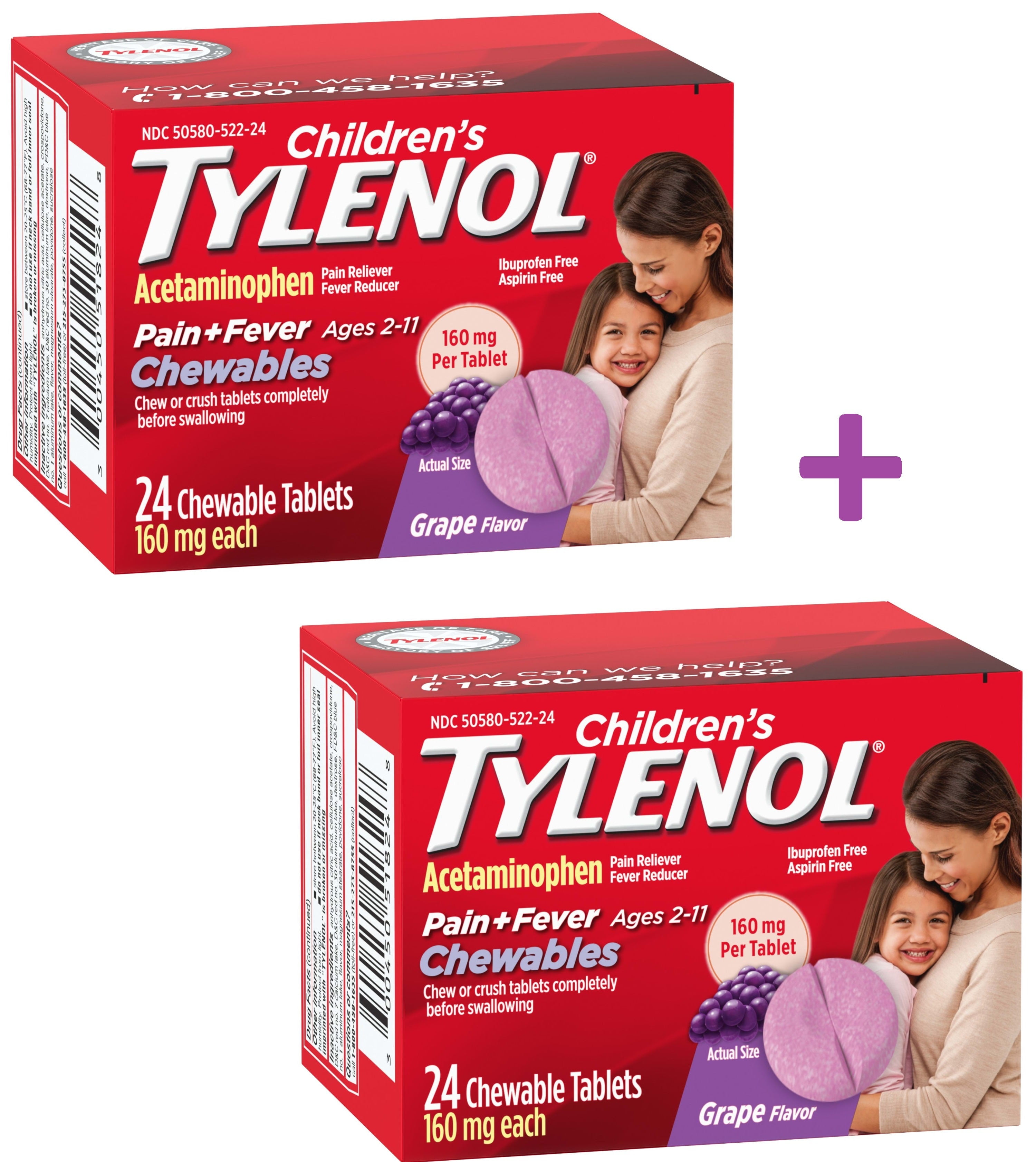 Tylenol Childrens Pain Plus Fever Chewable Tablets, Grape, 24 Ea, 2 Pack