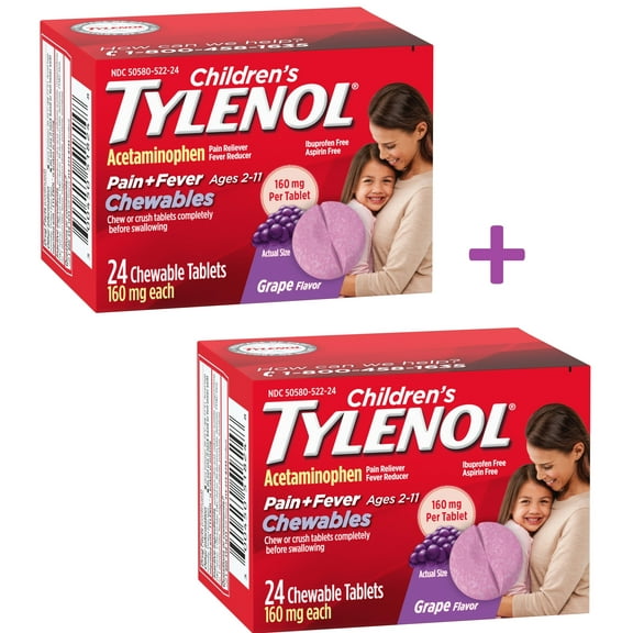 Tylenol Childrens Pain Plus Fever Chewable Tablets, Grape, 24 Ea, 2 Pack