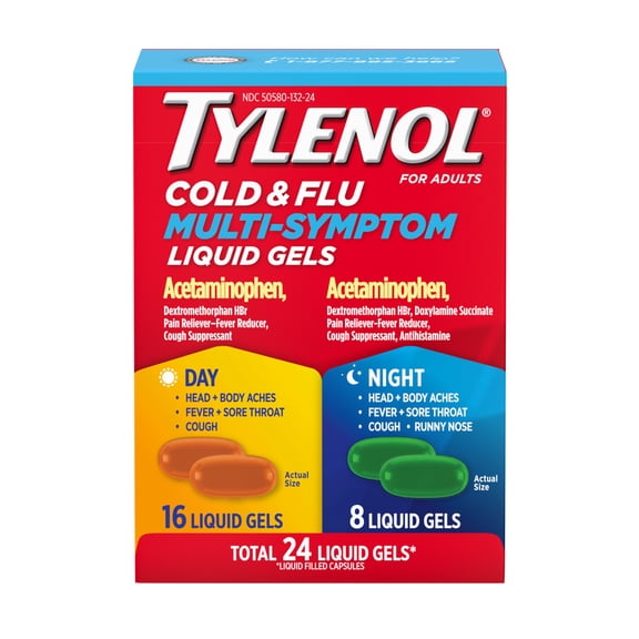 Tylenol Day & Night Cold & Flu Multi-Symptom Liquid Gels Pack, 24 Count
