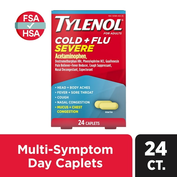 Tylenol Cold + Flu Severe Caplets for Multi-Symptom Relief, 24 Count.