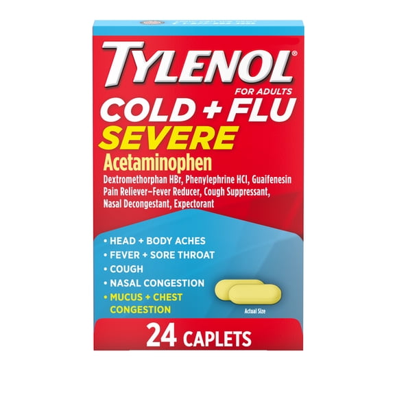 Tylenol Cold + Flu Severe Caplets for Multi-Symptom Relief, 24 Count.